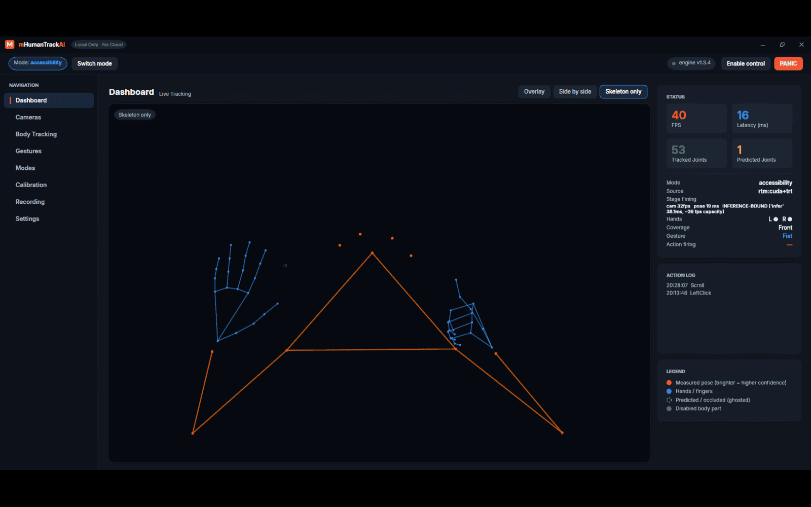 Dashboard: live camera preview with skeleton overlay