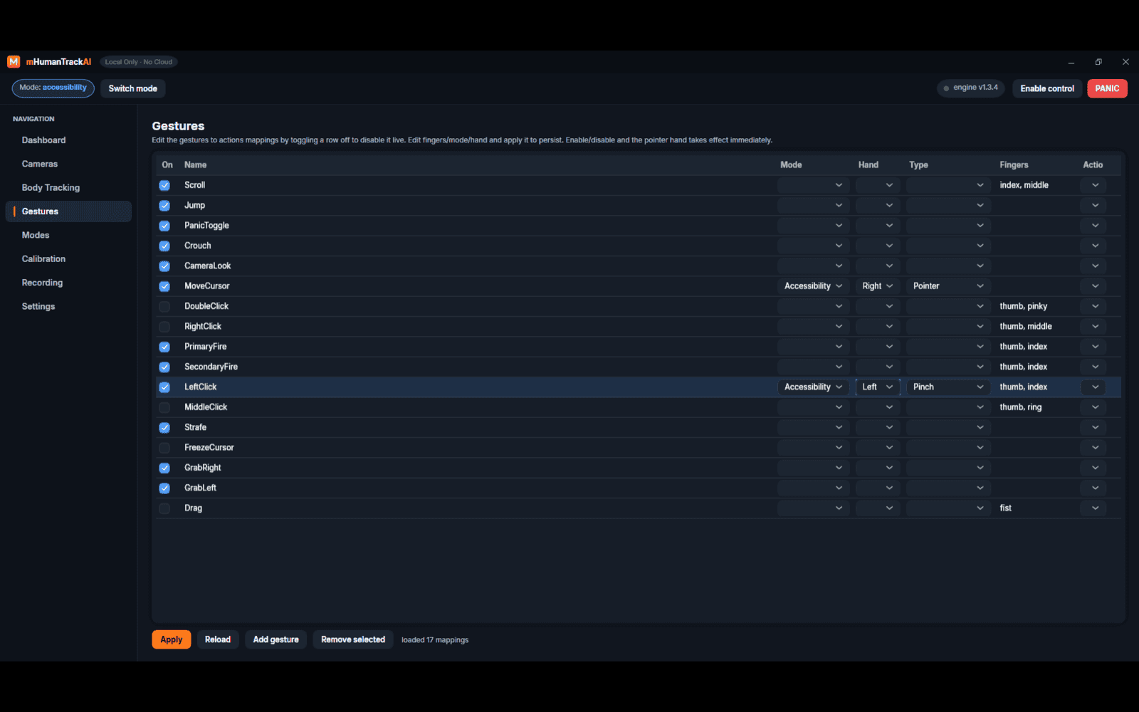 Gestures editor: data-driven gesture to action table
