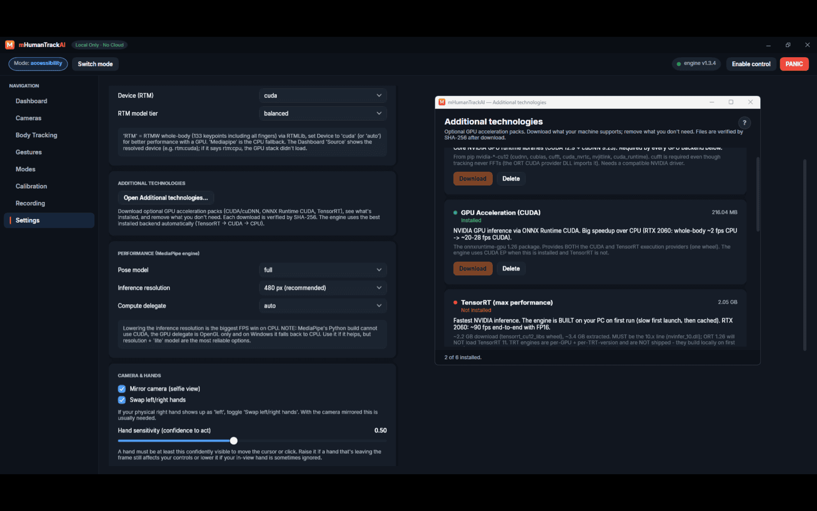 Settings: profiles, engine and device selection